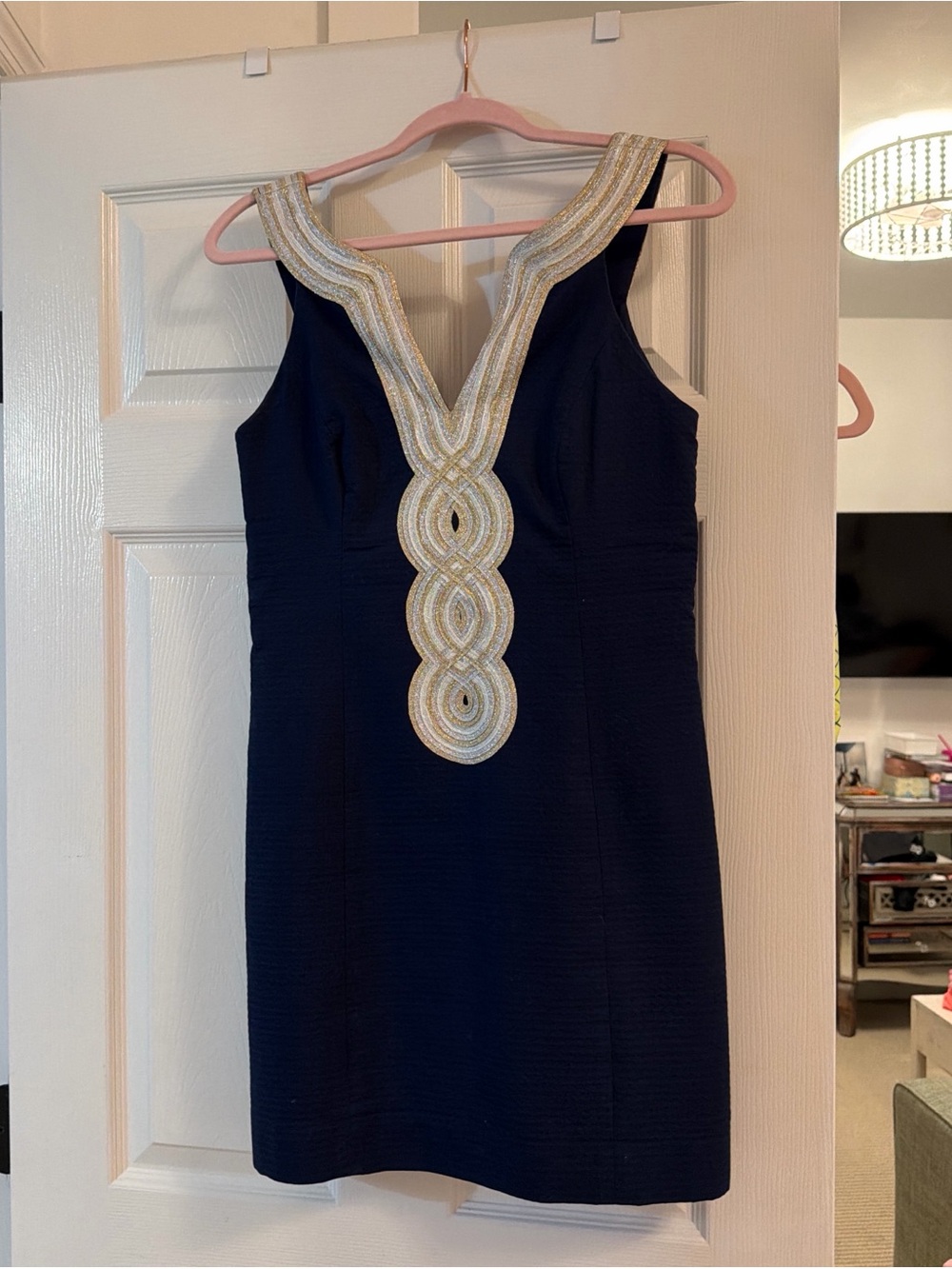 Lilly Pulitzer Navy Mini Dress with Gold Embellished V-Detail
